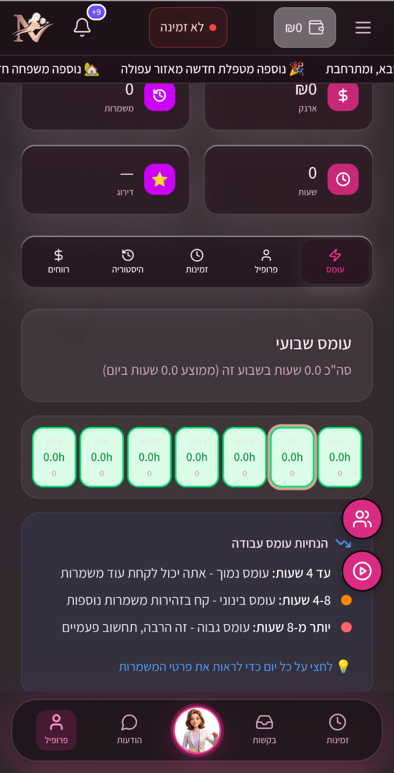 Nanny Now - עומס שבועי והנחיות לעומס עבודה